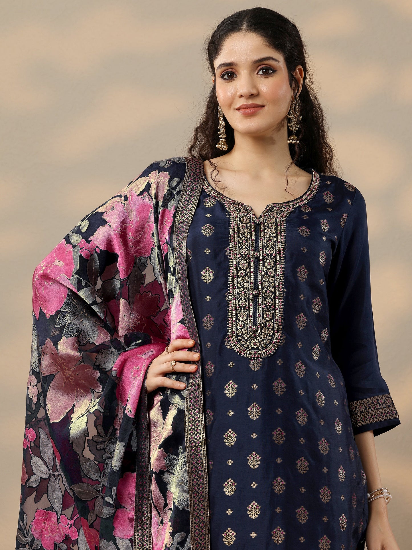 Navy Blue Woven Design Silk Blend Straight Suit Set With Dupatta