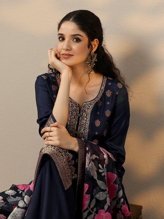 Navy Blue Woven Design Silk Blend Straight Suit Set With Dupatta