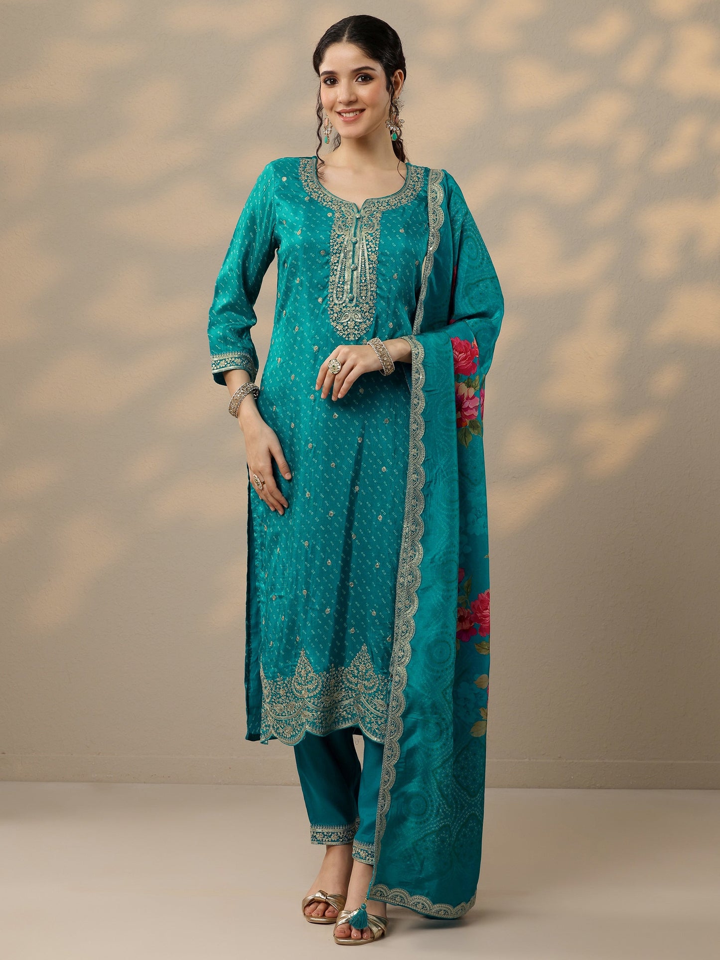 Blue Printed Silk Blend Straight Suit Set With Dupatta