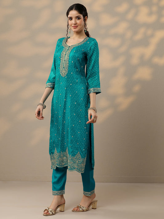 Blue Printed Silk Blend Straight Suit Set With Dupatta