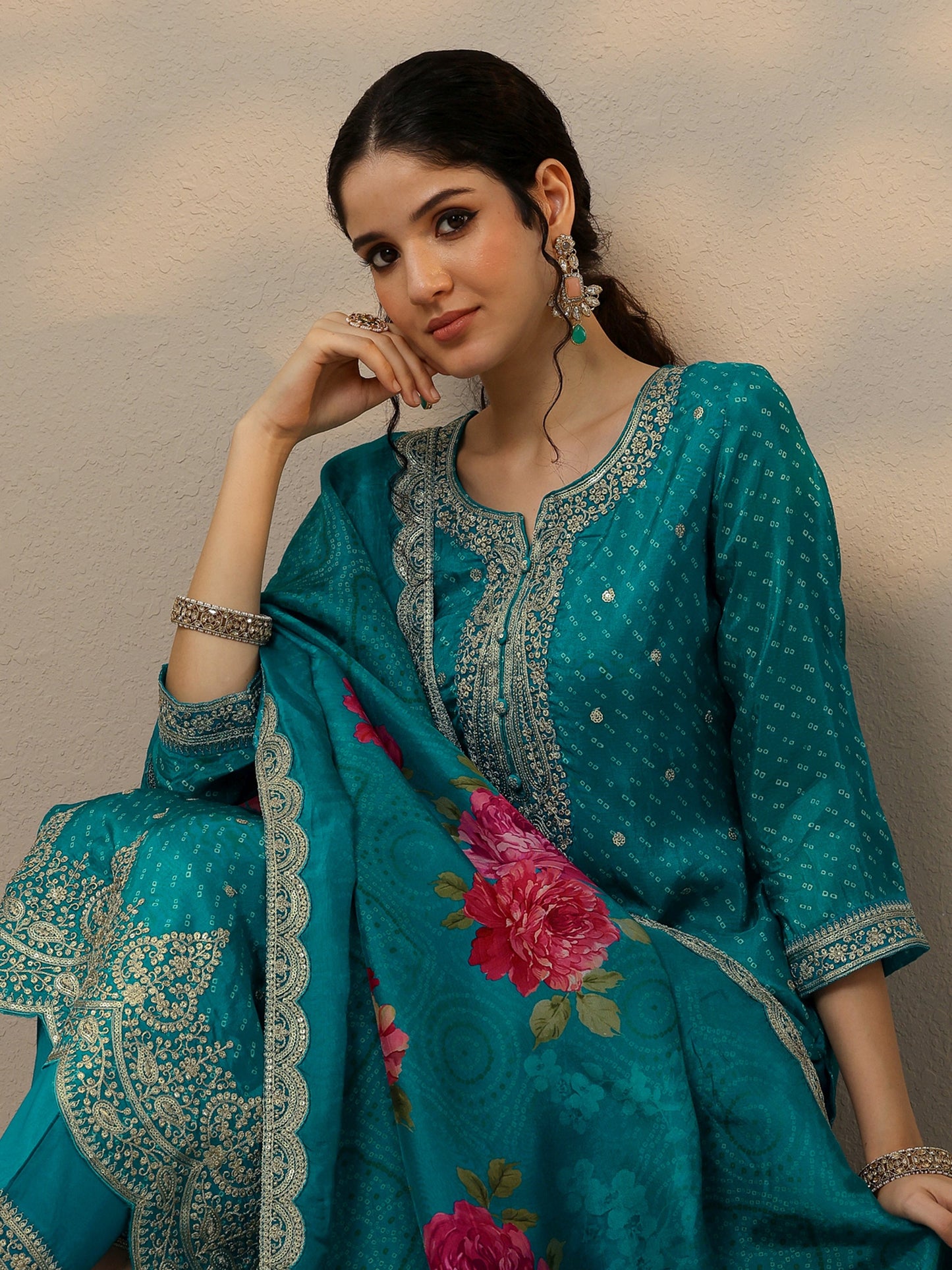 Blue Printed Silk Blend Straight Suit Set With Dupatta