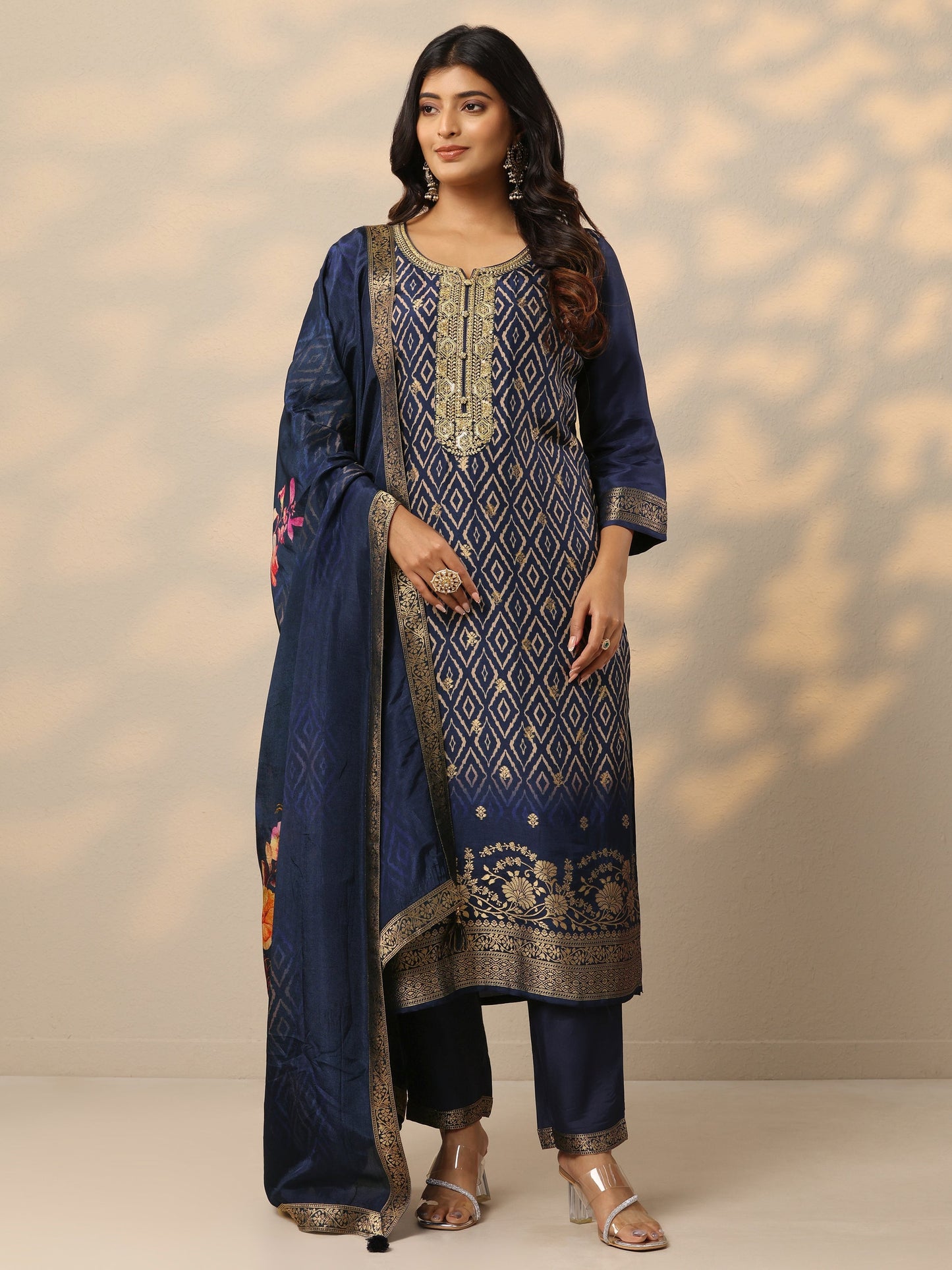 Navy Blue Printed Silk Blend Straight Suit Set With Dupatta