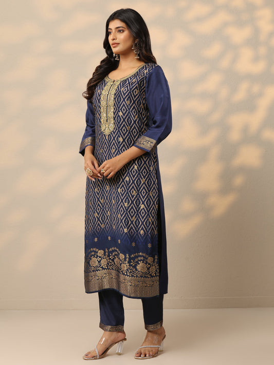 Navy Blue Printed Silk Blend Straight Suit Set With Dupatta