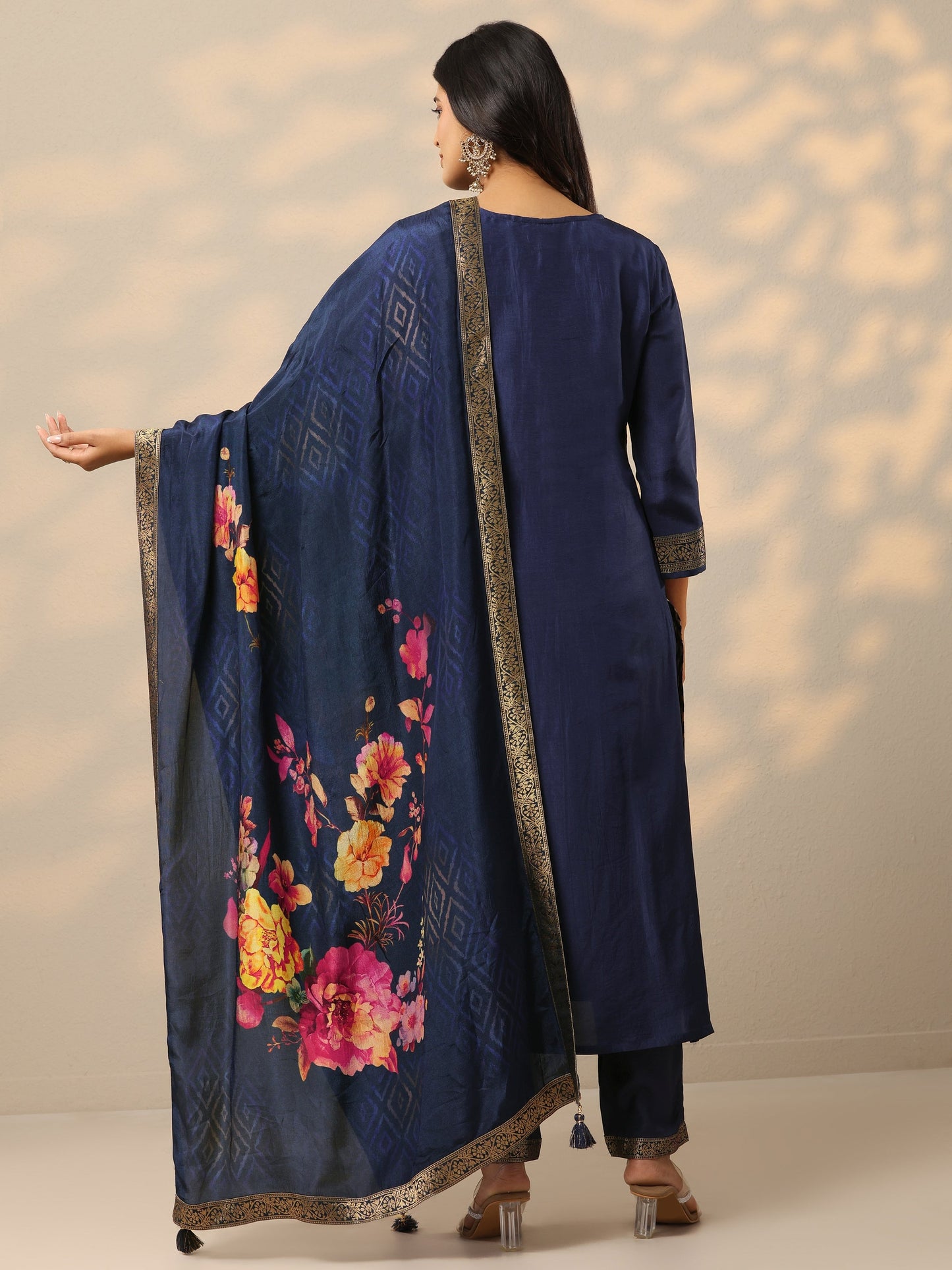 Navy Blue Printed Silk Blend Straight Suit Set With Dupatta