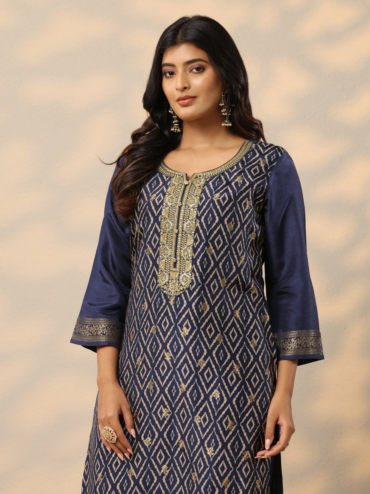 Navy Blue Printed Silk Blend Straight Suit Set With Dupatta