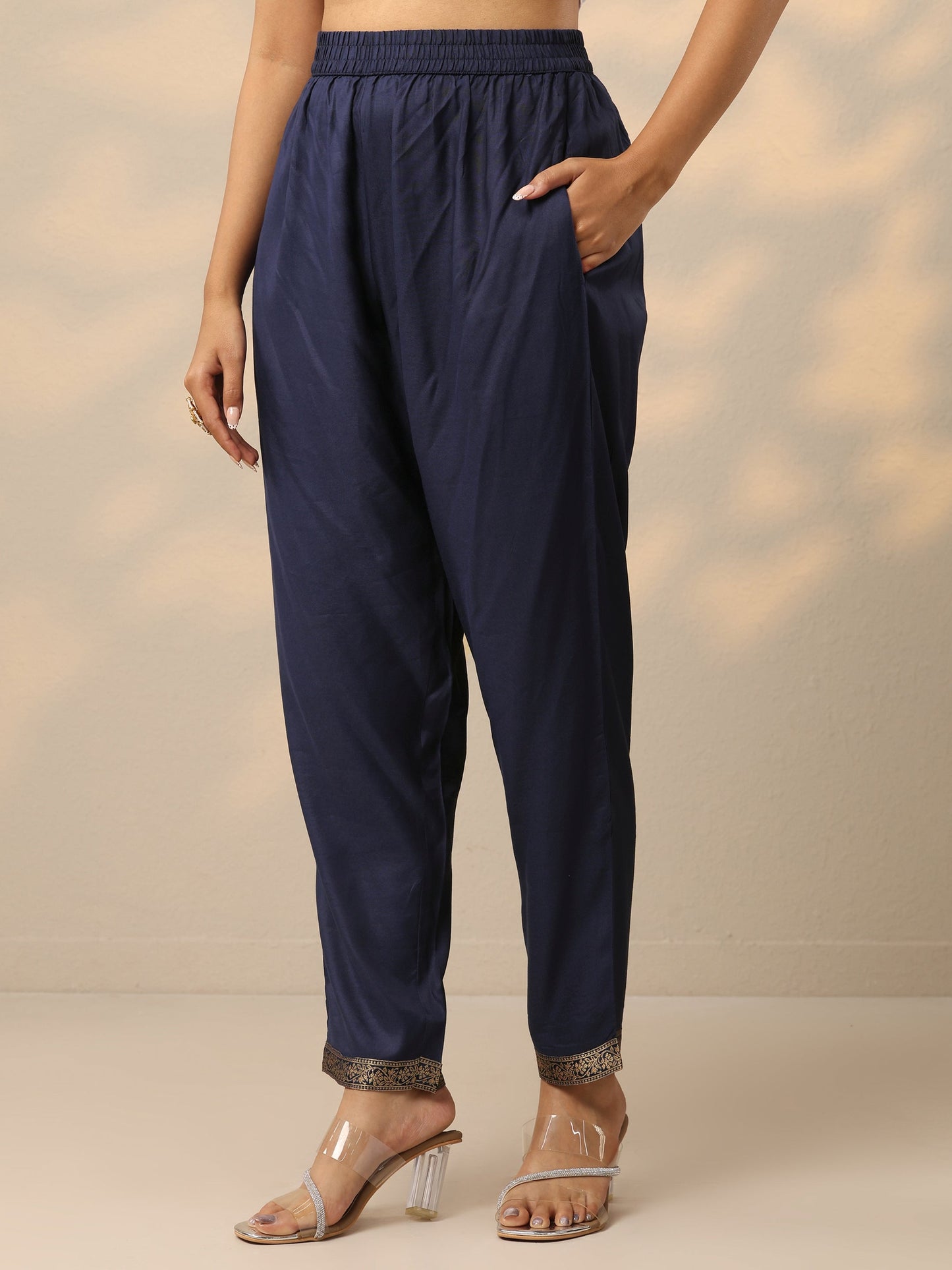 Navy Blue Printed Silk Blend Straight Suit Set With Dupatta