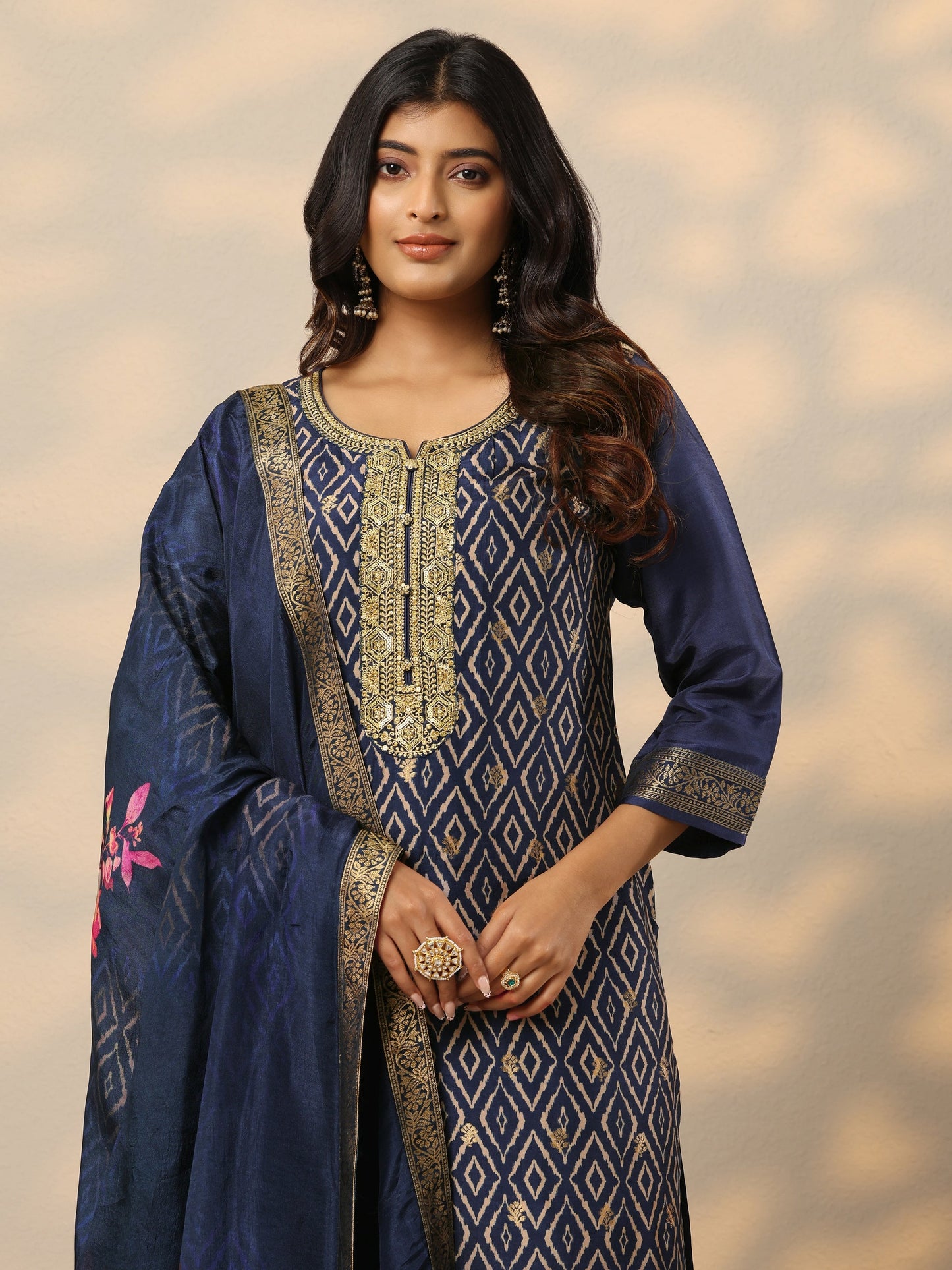 Navy Blue Printed Silk Blend Straight Suit Set With Dupatta