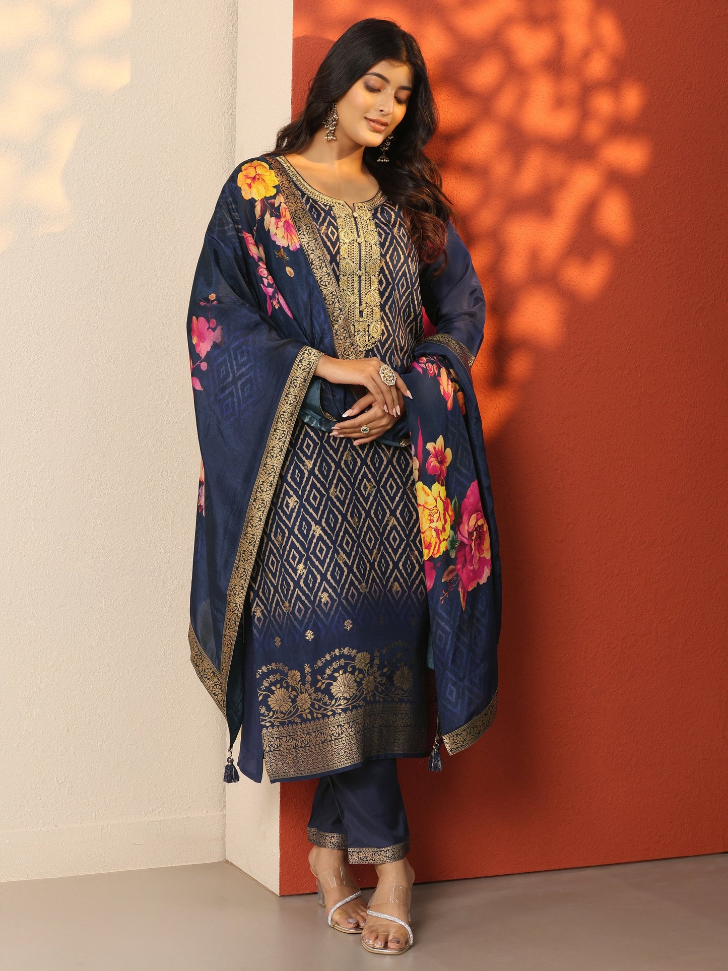 Navy Blue Printed Silk Blend Straight Suit Set With Dupatta