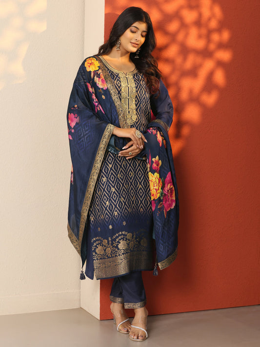 Navy Blue Printed Silk Blend Straight Suit Set With Dupatta