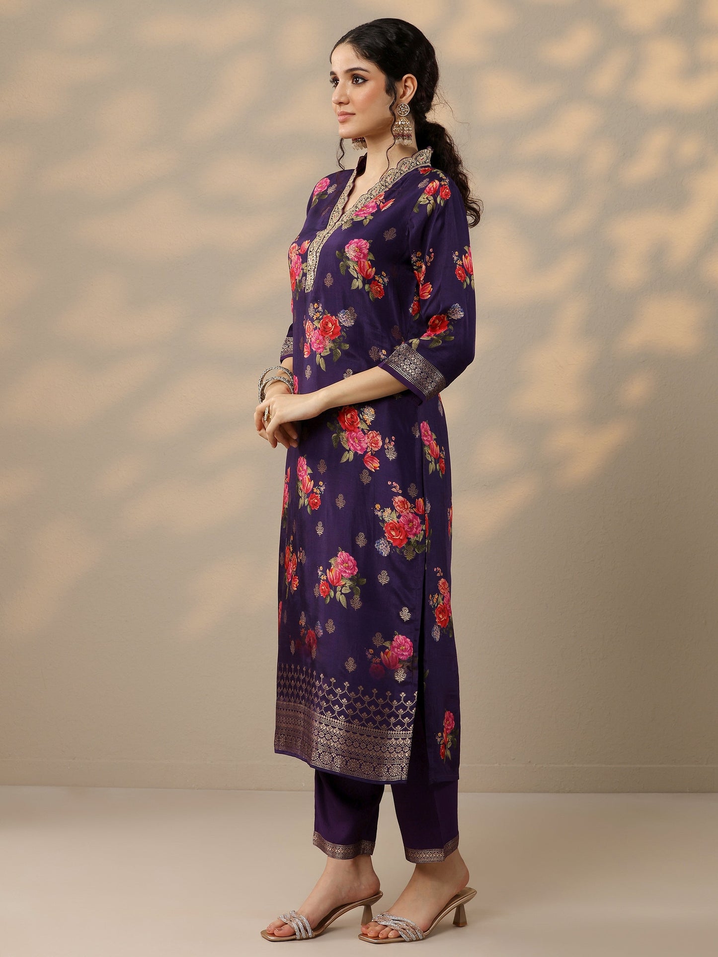 Purple Printed Silk Blend Straight Suit Set With Dupatta