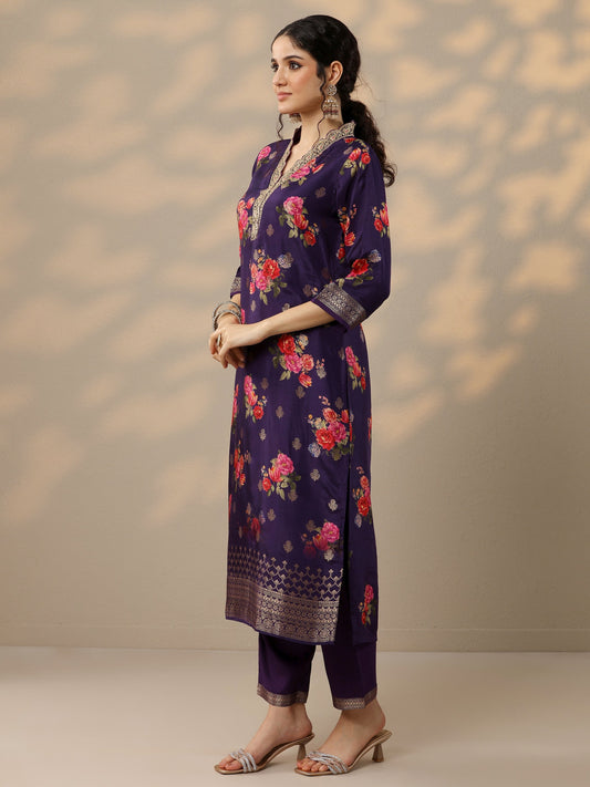 Purple Printed Silk Blend Straight Suit Set With Dupatta