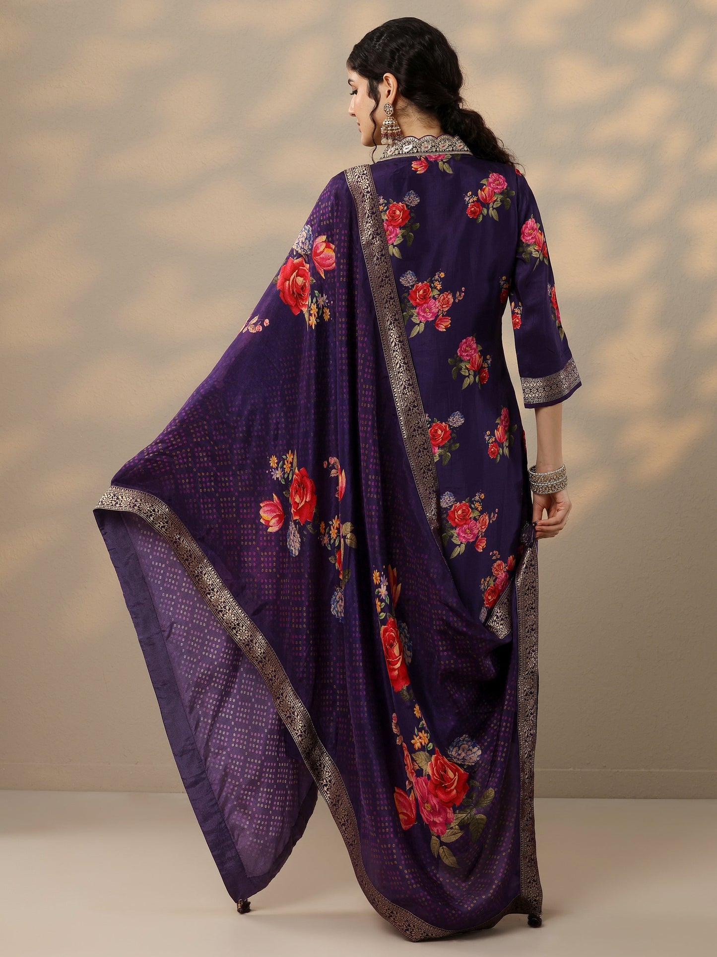 Purple Printed Silk Blend Straight Suit Set With Dupatta