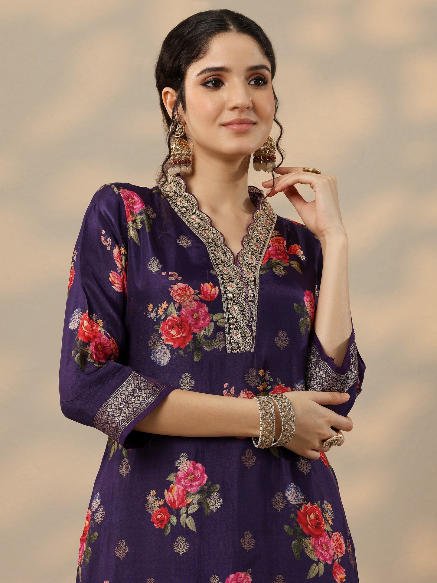 Purple Printed Silk Blend Straight Suit Set With Dupatta