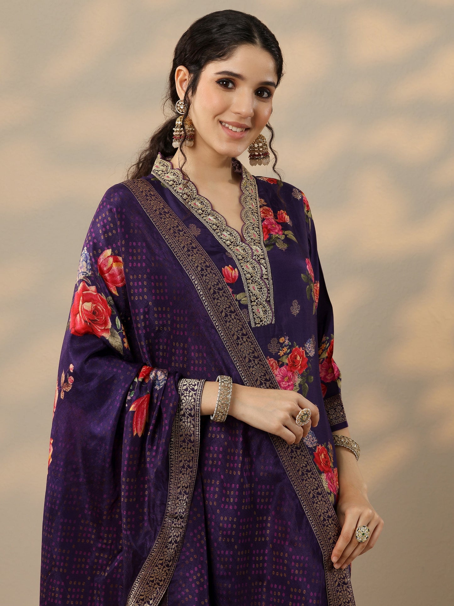 Purple Printed Silk Blend Straight Suit Set With Dupatta