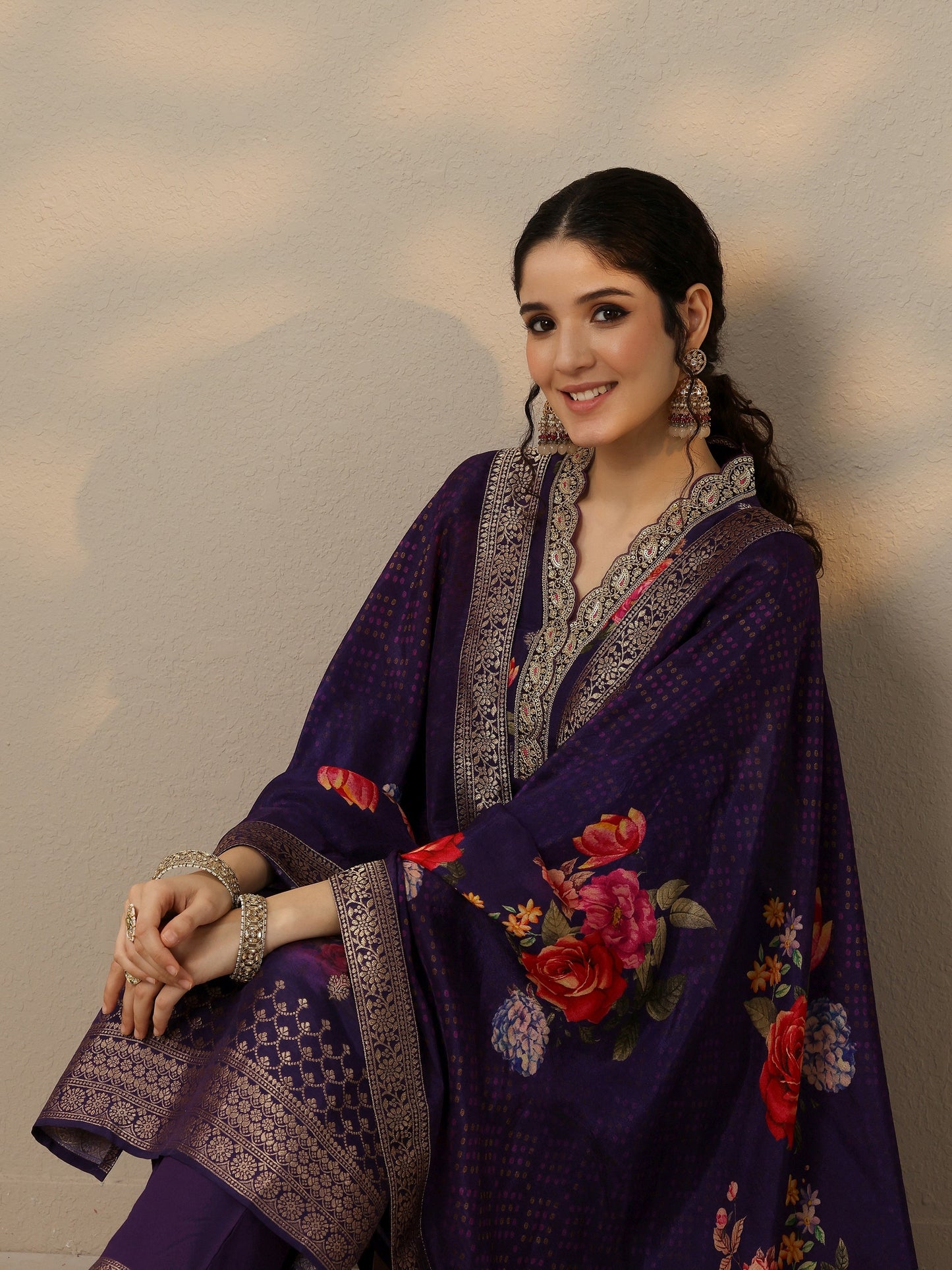 Purple Printed Silk Blend Straight Suit Set With Dupatta