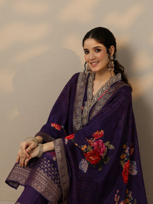 Purple Printed Silk Blend Straight Suit Set With Dupatta