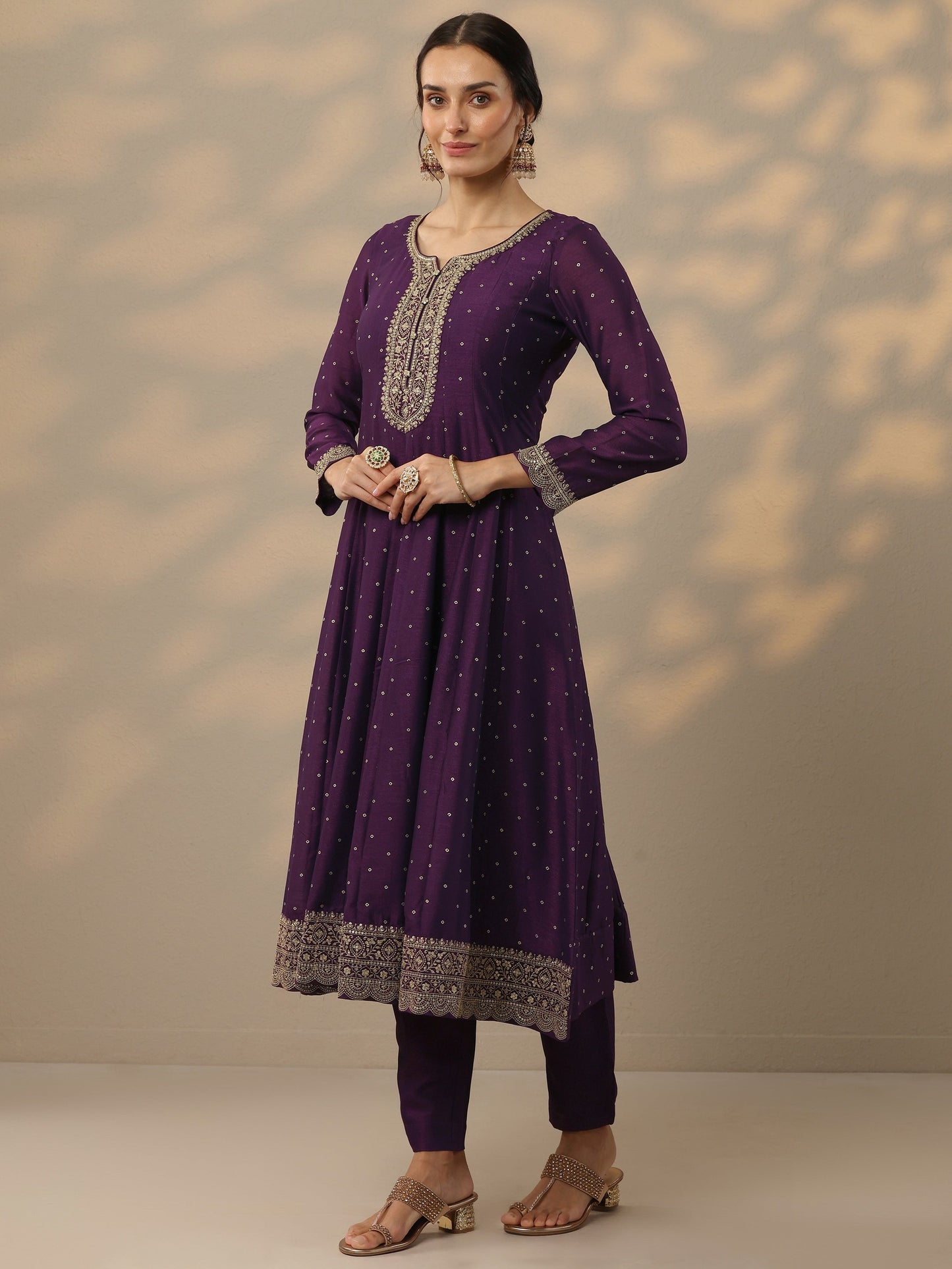 Purple Embroidered Silk Blend Anarkali Suit Set With Dupatta