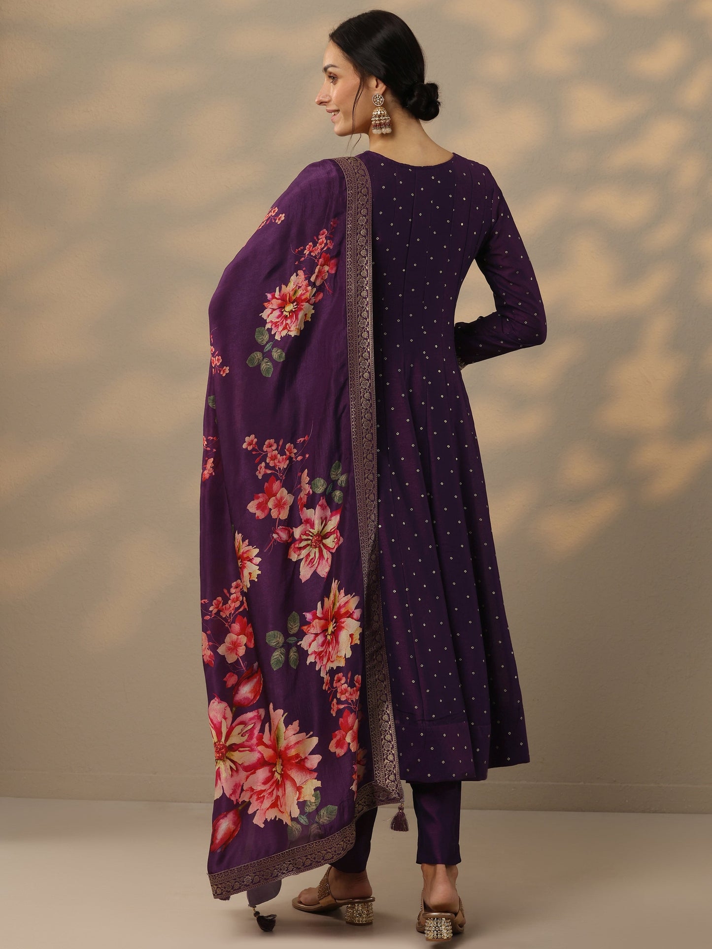 Purple Embroidered Silk Blend Anarkali Suit Set With Dupatta
