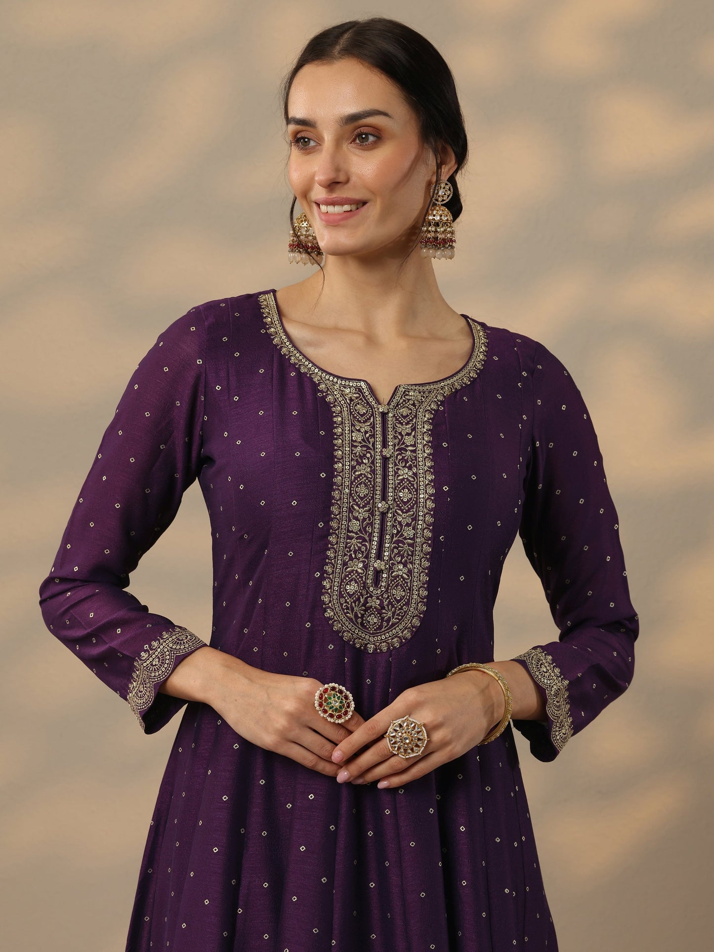 Purple Embroidered Silk Blend Anarkali Suit Set With Dupatta