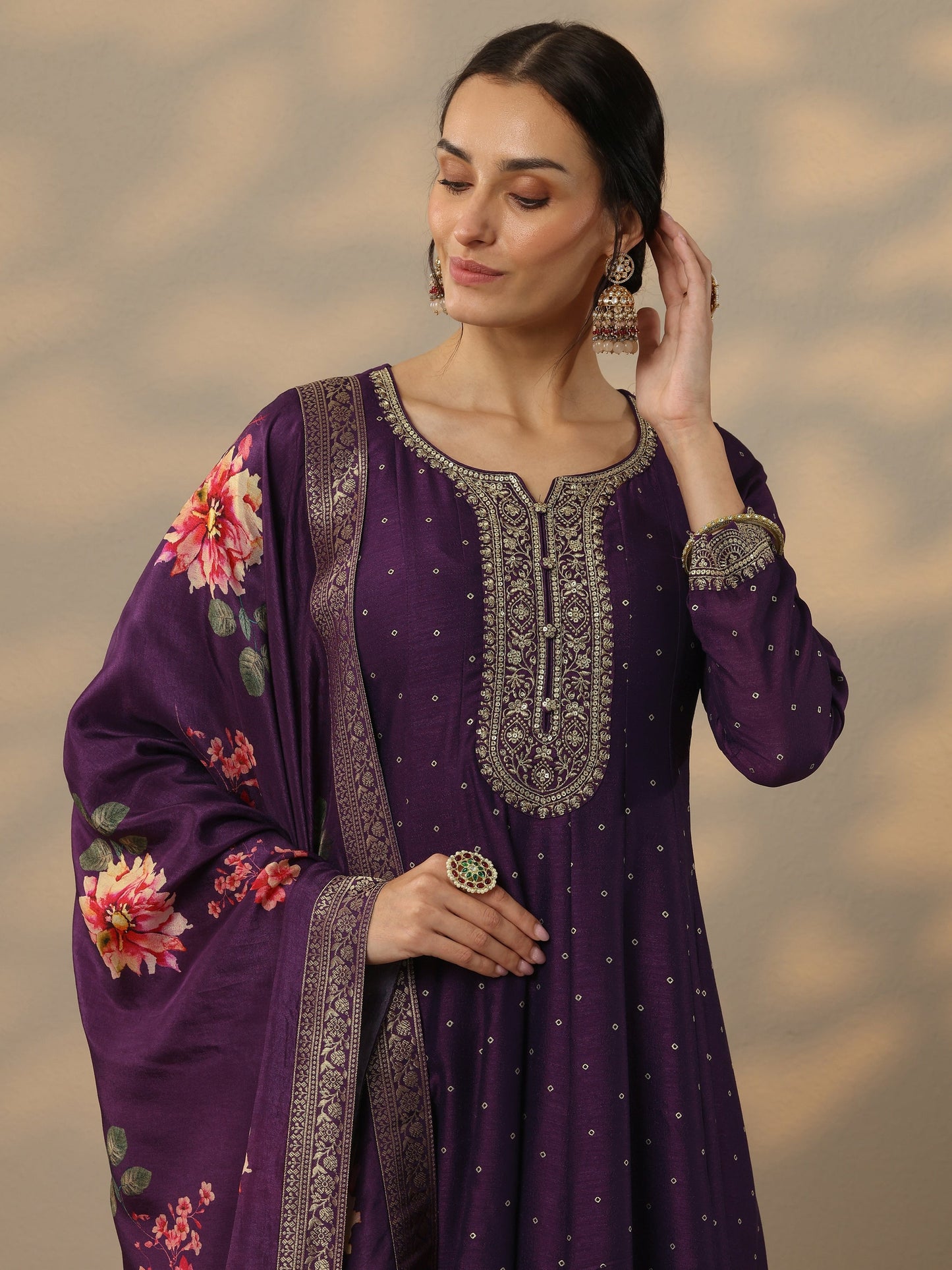 Purple Embroidered Silk Blend Anarkali Suit Set With Dupatta