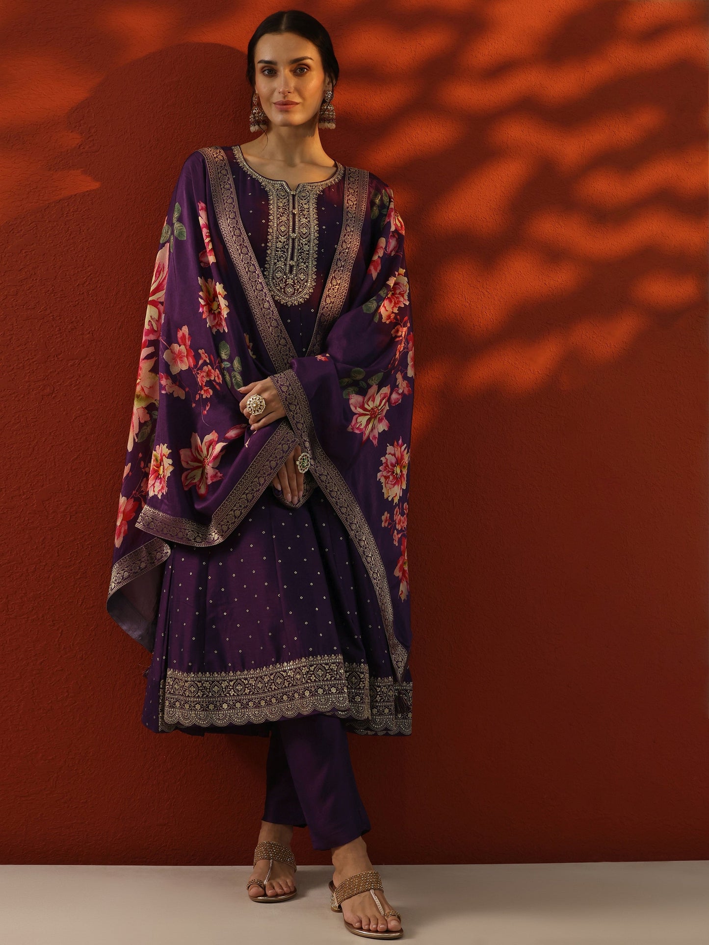 Purple Embroidered Silk Blend Anarkali Suit Set With Dupatta