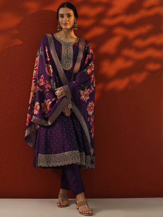Purple Embroidered Silk Blend Anarkali Suit Set With Dupatta
