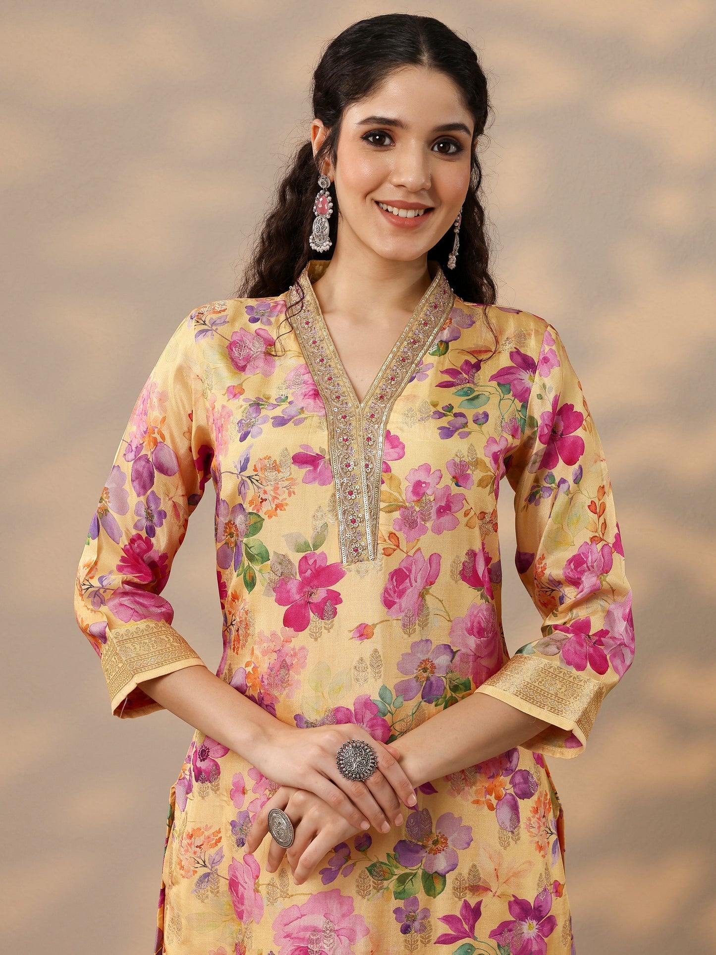 Yellow Printed Silk Blend Straight Suit Set With Dupatta