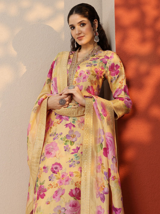 Yellow Printed Silk Blend Straight Suit Set With Dupatta