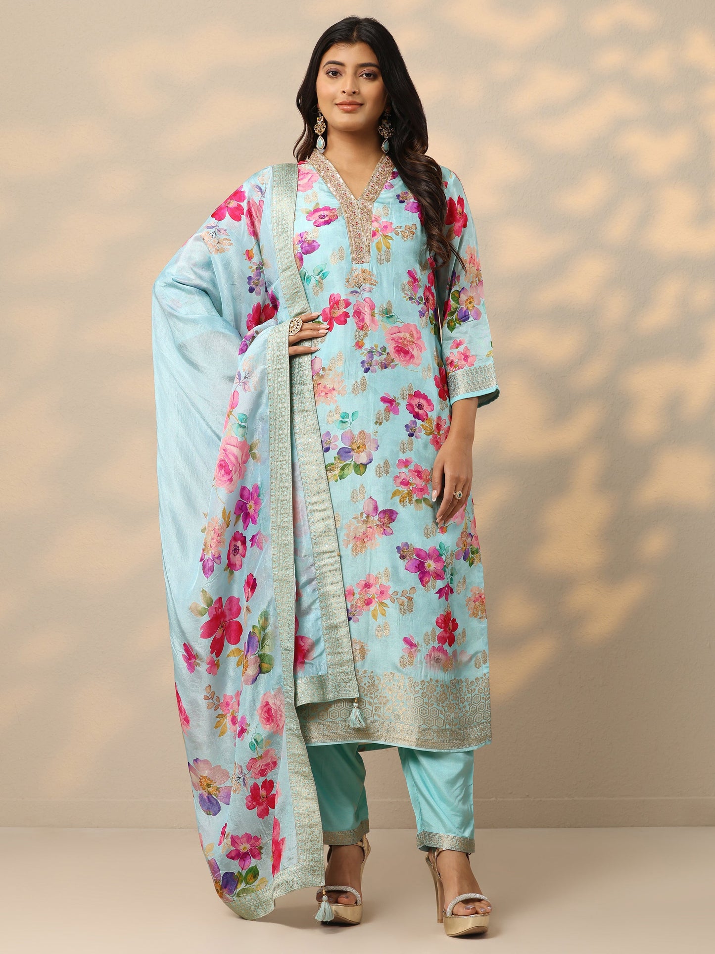 Blue Floral Silk Blend Straight Suit Set With Dupatta