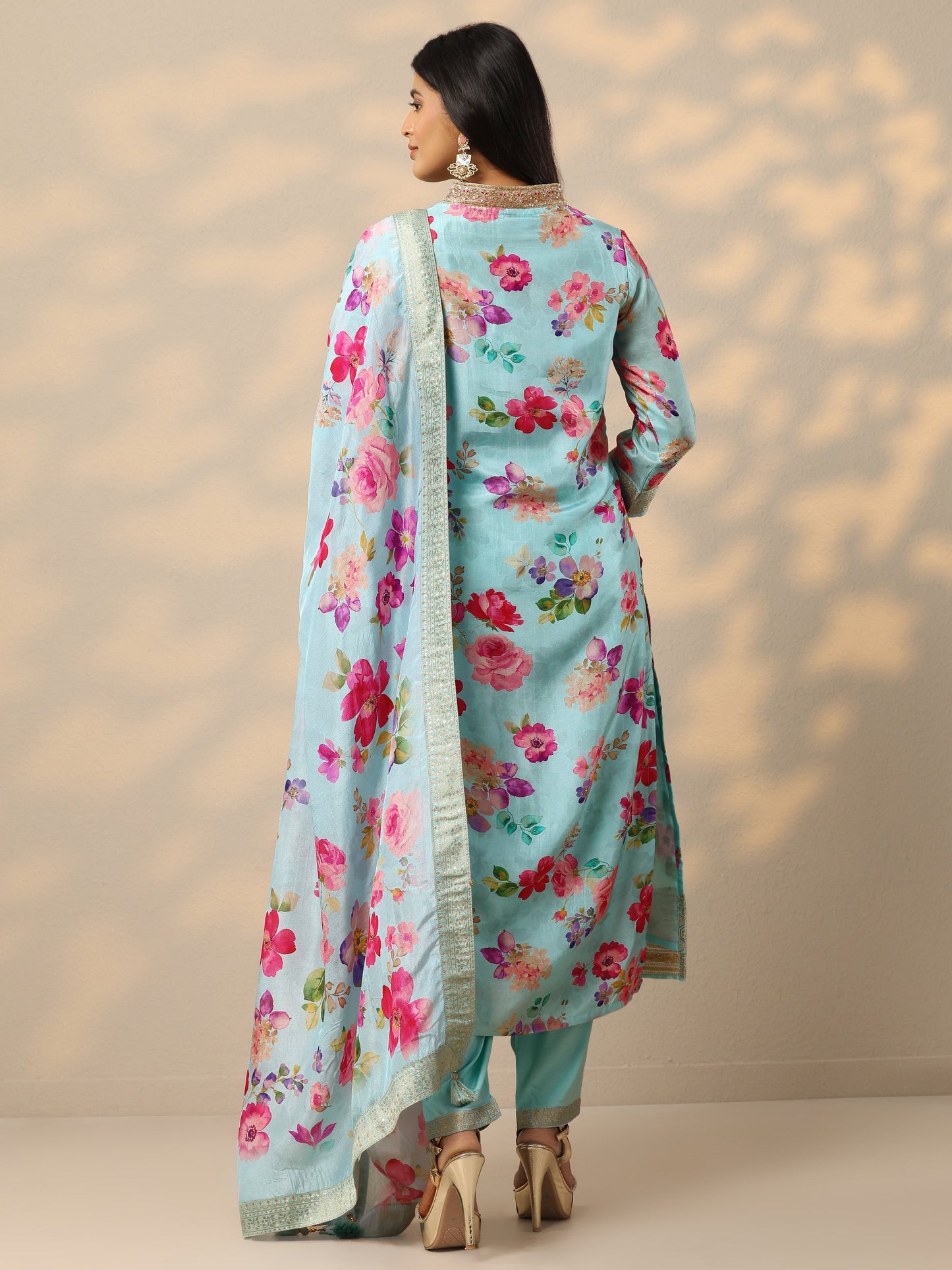 Blue Floral Silk Blend Straight Suit Set With Dupatta