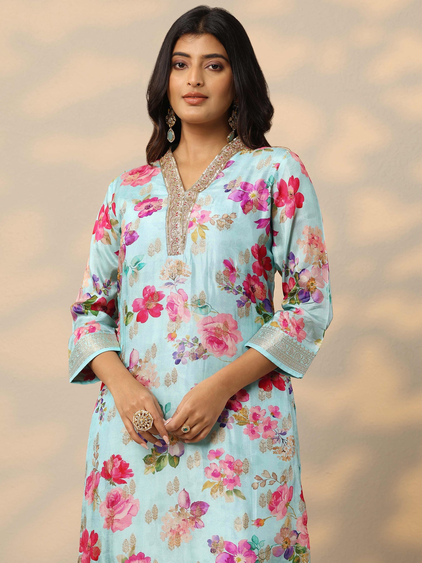 Blue Floral Silk Blend Straight Suit Set With Dupatta