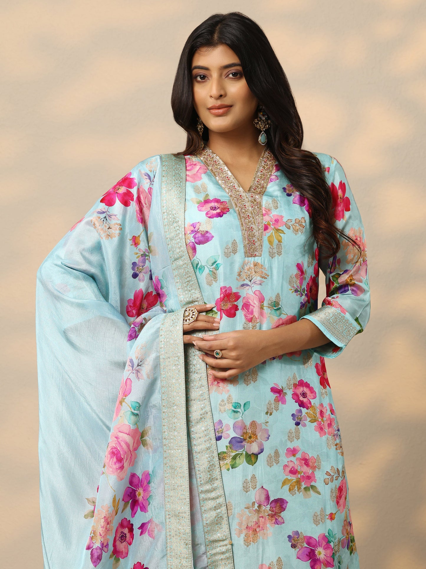 Blue Floral Silk Blend Straight Suit Set With Dupatta