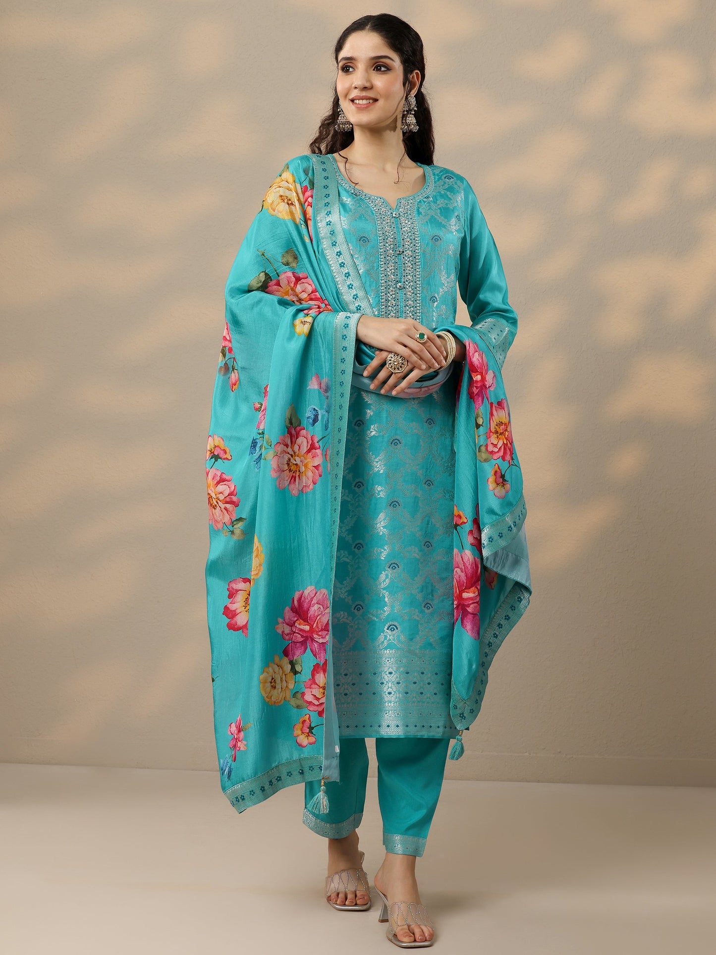 Blue Woven Design Silk Blend Straight Suit Set With Dupatta