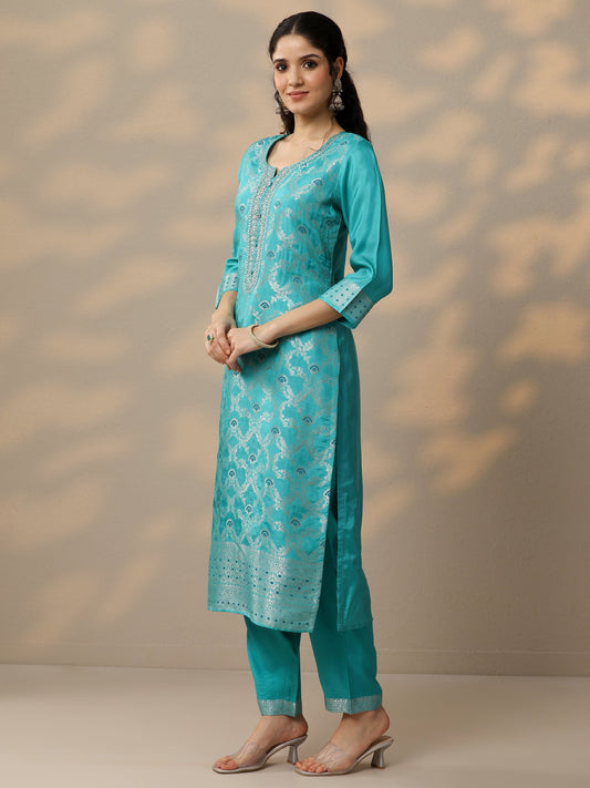 Blue Woven Design Silk Blend Straight Suit Set With Dupatta