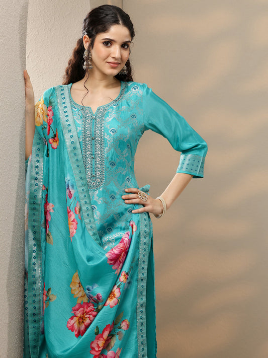 Blue Woven Design Silk Blend Straight Suit Set With Dupatta