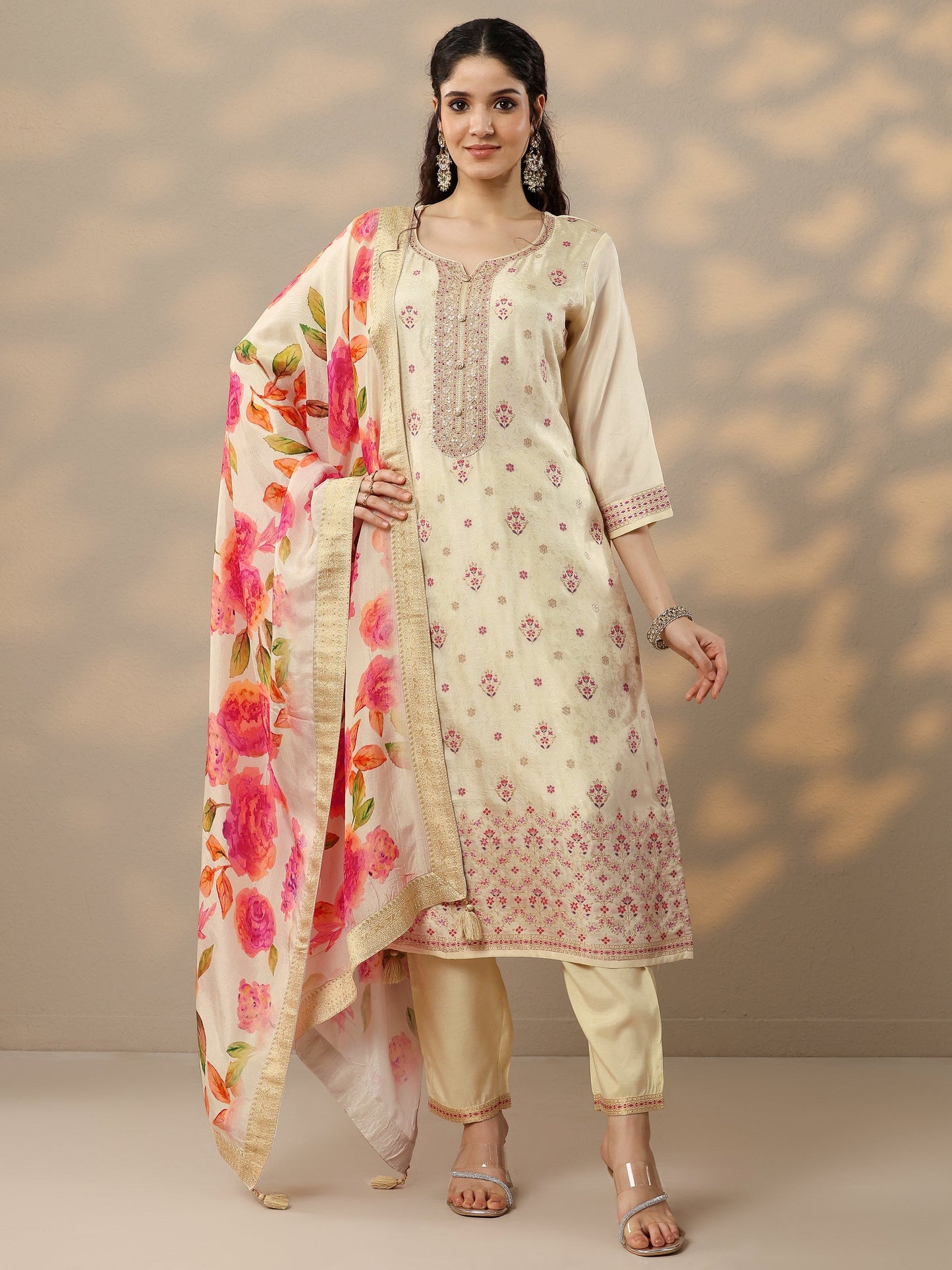 Off White Woven Design Silk Blend Straight Suit Set With Dupatta