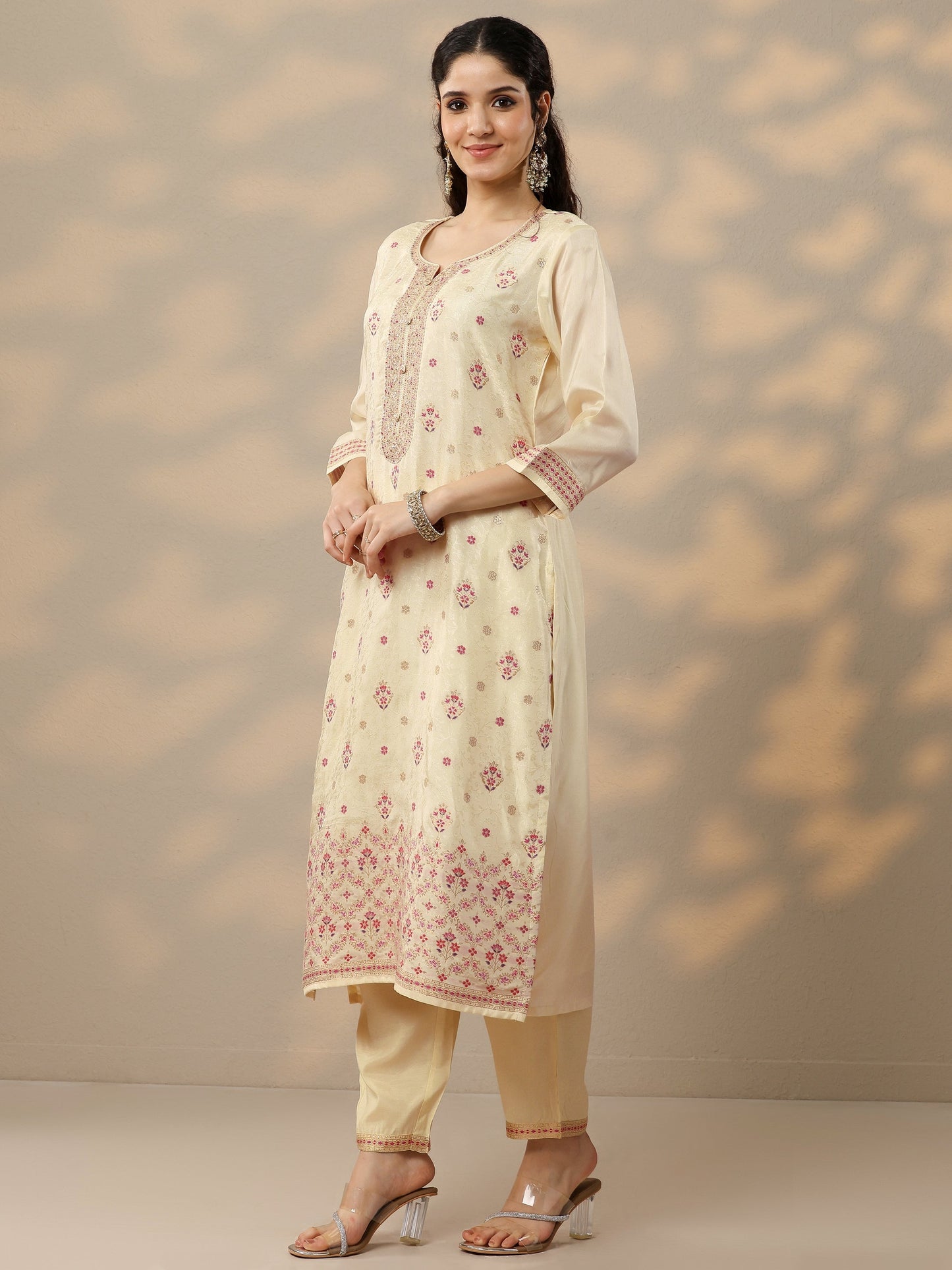 Off White Woven Design Silk Blend Straight Suit Set With Dupatta