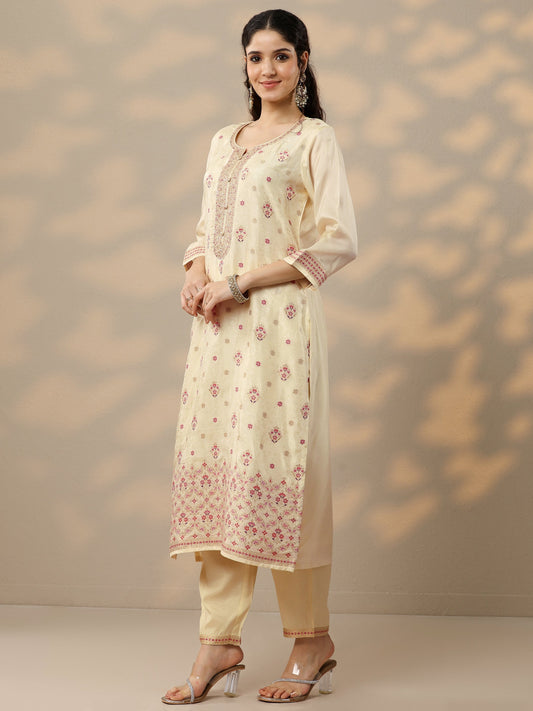 Off White Woven Design Silk Blend Straight Suit Set With Dupatta