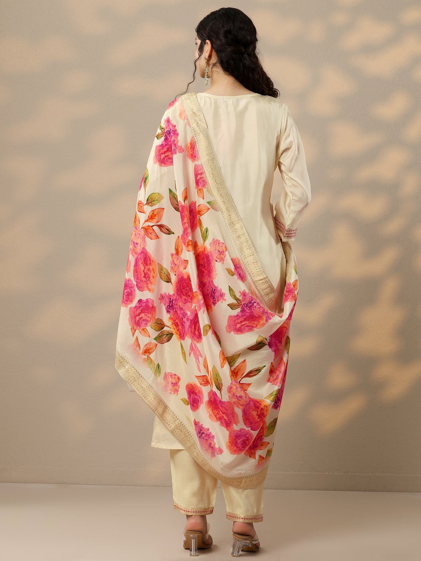 Off White Woven Design Silk Blend Straight Suit Set With Dupatta