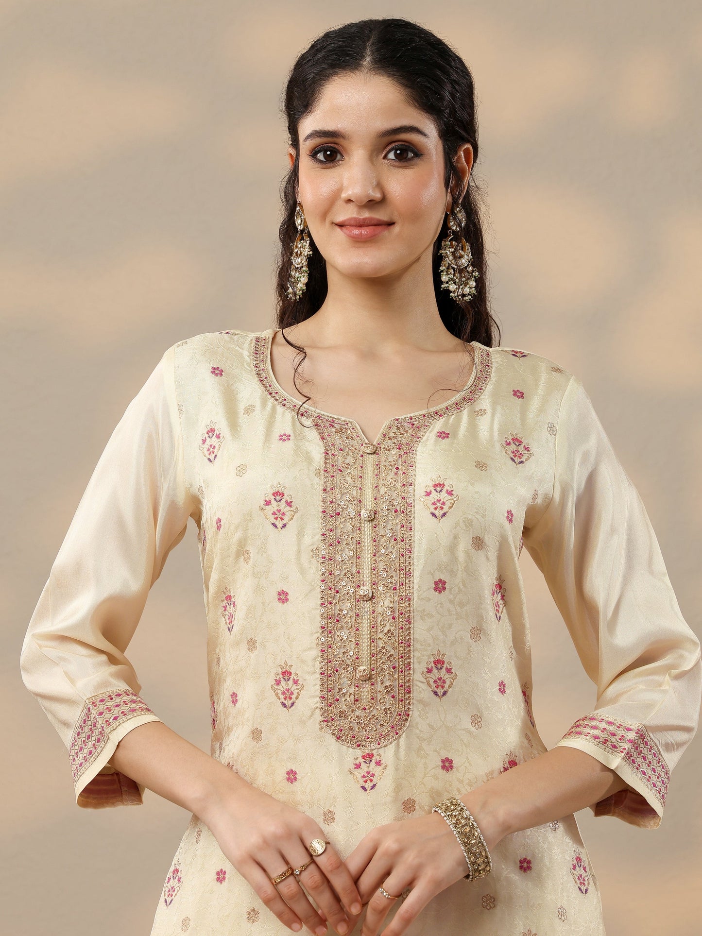 Off White Woven Design Silk Blend Straight Suit Set With Dupatta