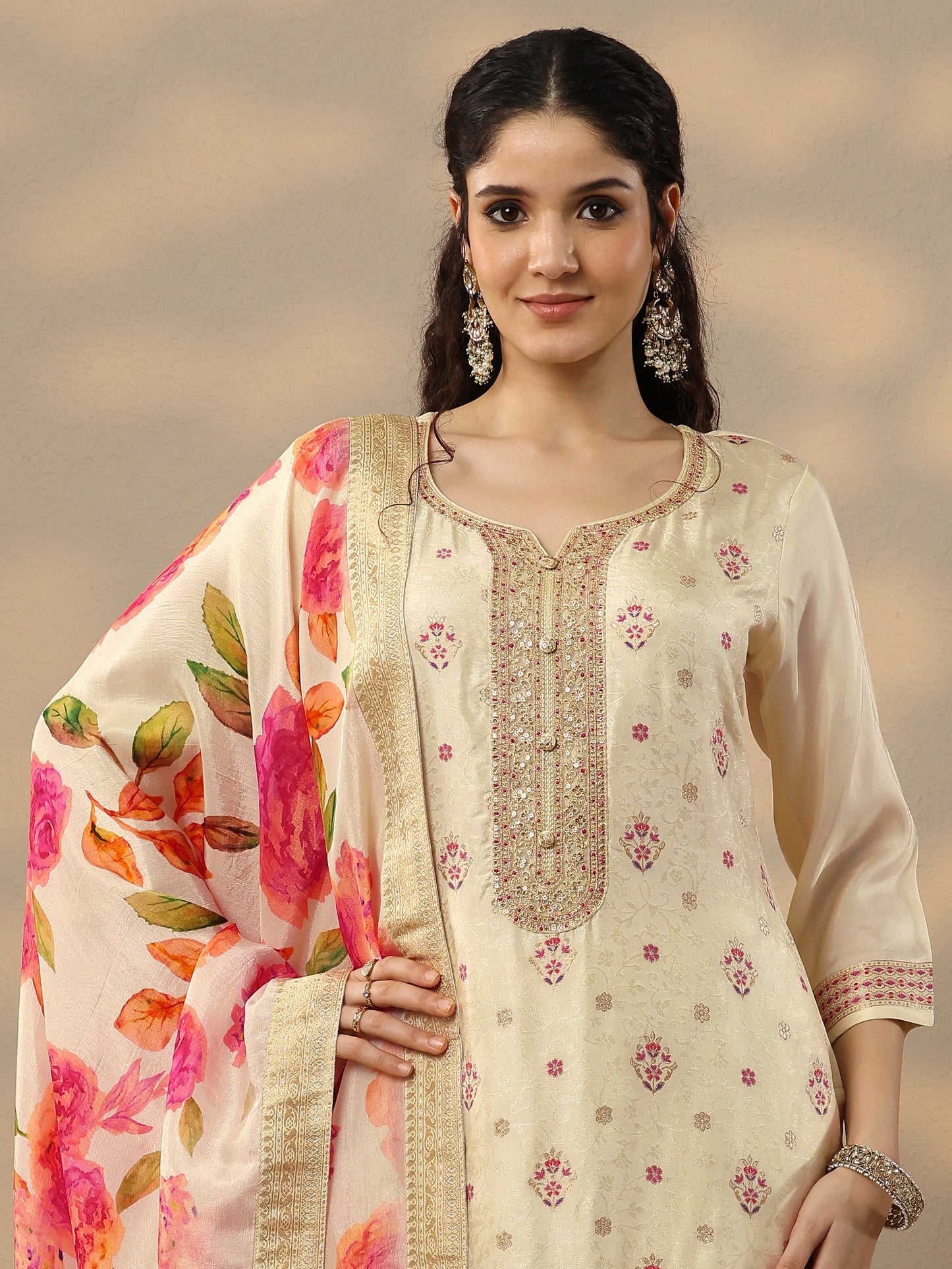 Off White Woven Design Silk Blend Straight Suit Set With Dupatta