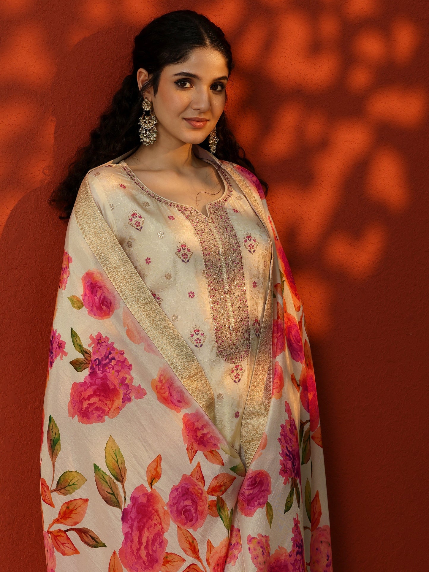 Off White Woven Design Silk Blend Straight Suit Set With Dupatta