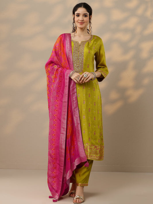 Lime Green Woven Design Silk Blend Straight Suit Set With Dupatta