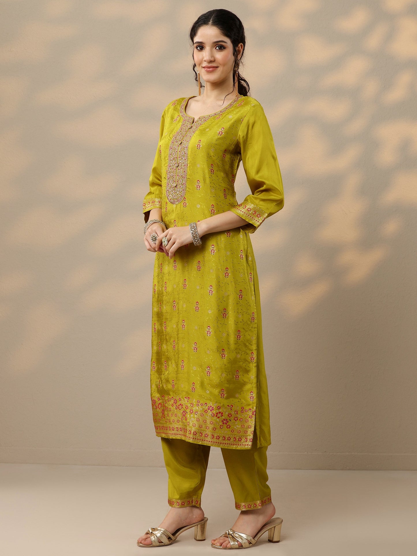 Lime Green Woven Design Silk Blend Straight Suit Set With Dupatta