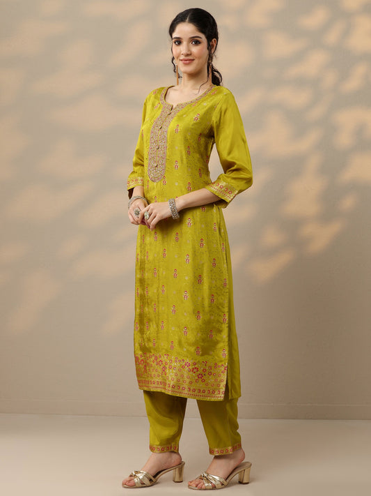 Lime Green Woven Design Silk Blend Straight Suit Set With Dupatta