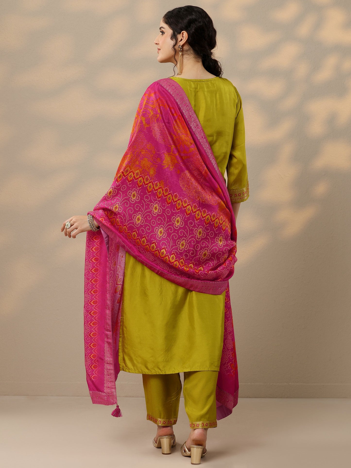 Lime Green Woven Design Silk Blend Straight Suit Set With Dupatta
