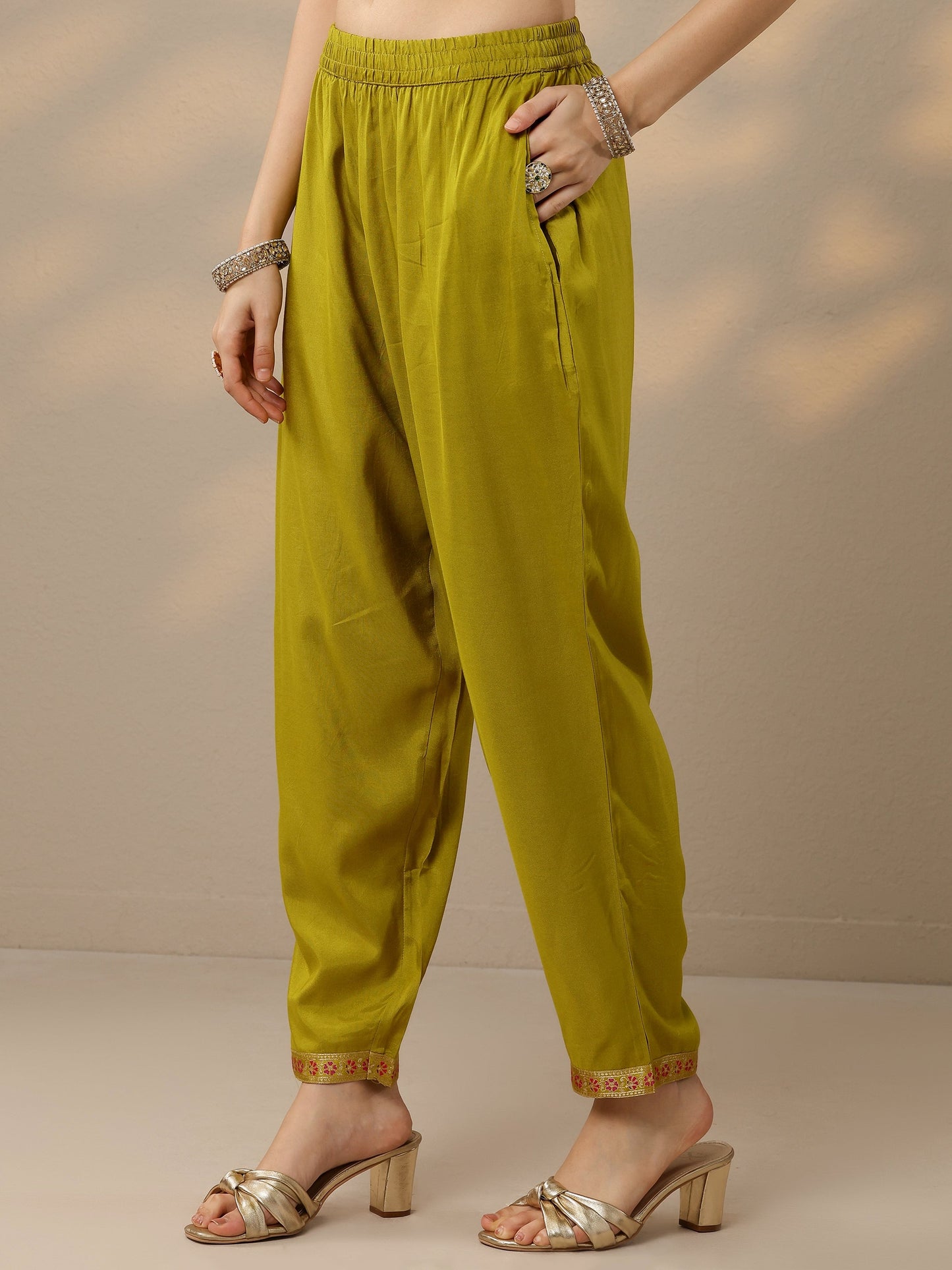 Lime Green Woven Design Silk Blend Straight Suit Set With Dupatta