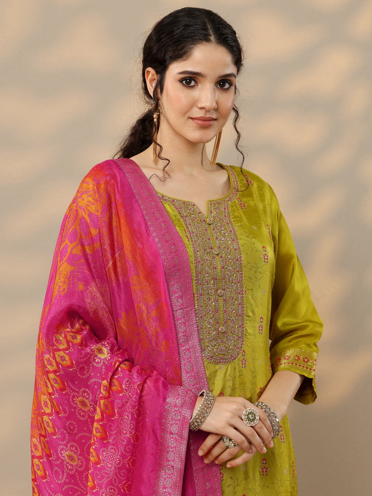 Lime Green Woven Design Silk Blend Straight Suit Set With Dupatta