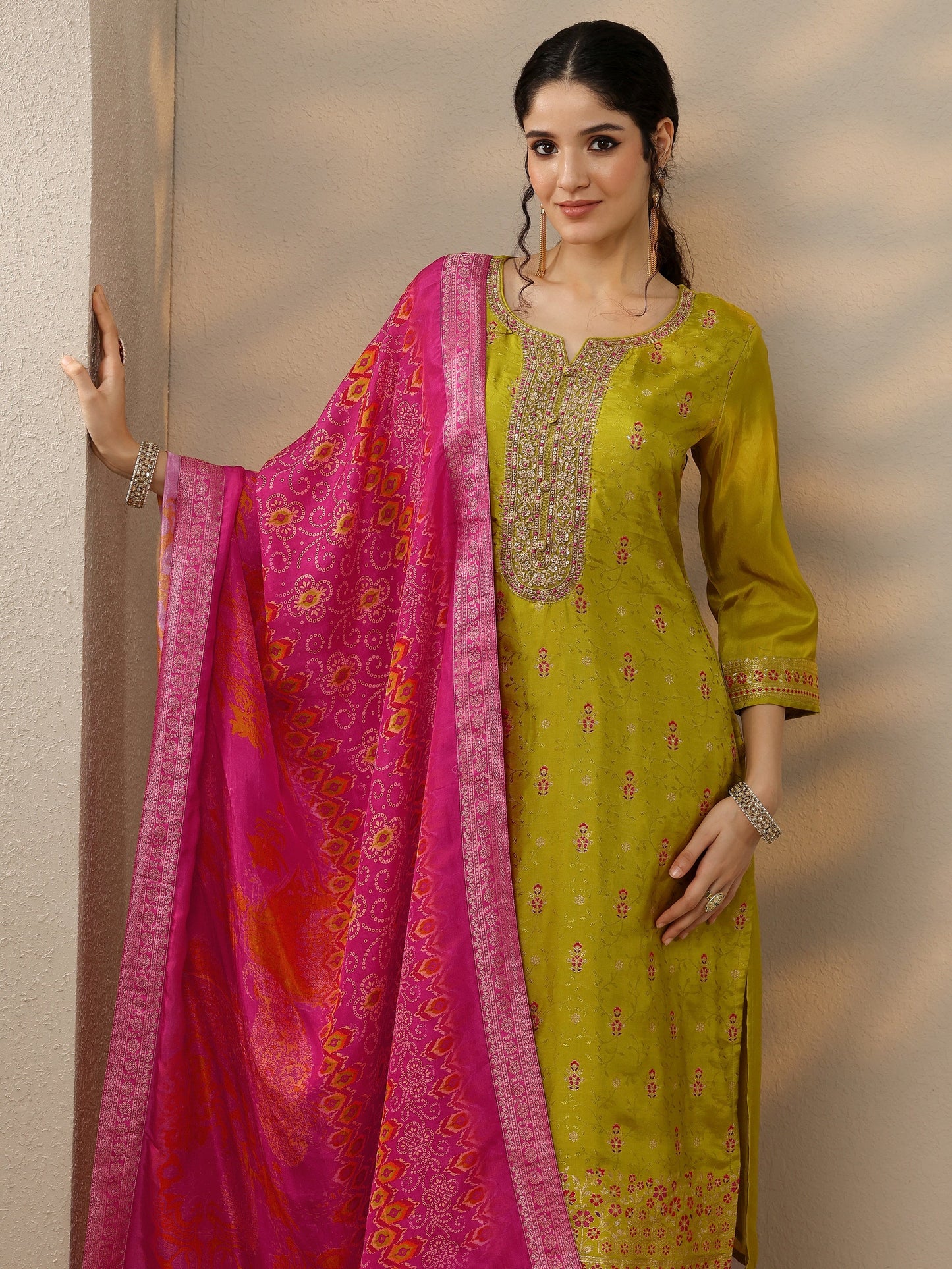 Lime Green Woven Design Silk Blend Straight Suit Set With Dupatta
