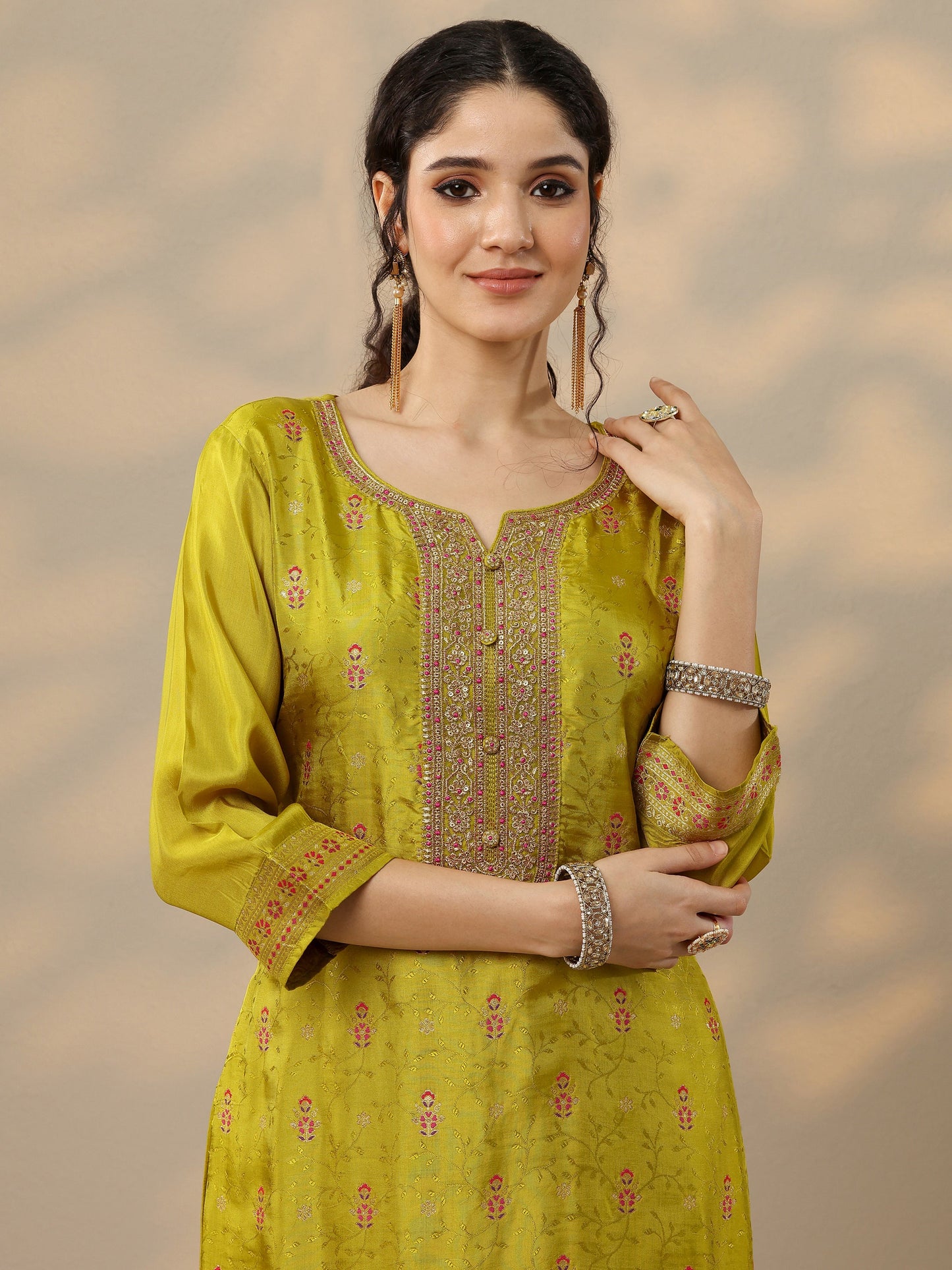 Lime Green Woven Design Silk Blend Straight Suit Set With Dupatta